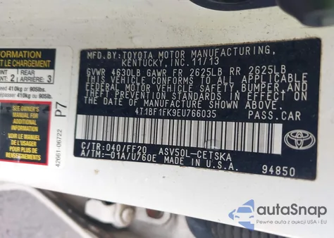 2014 Toyota Camry Se z USA, uszkodzony, nr VIN 4T1BF1FK9EU766035